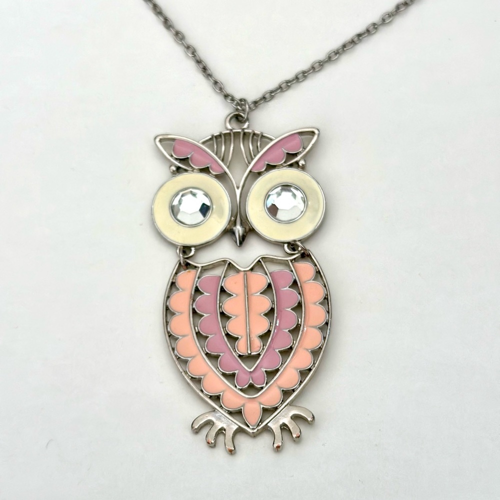 Silver and Pink Owl Pendant Necklace